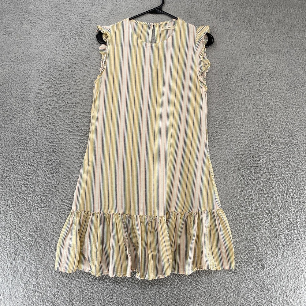 Marine Layer Dress Womens XS Striped Ruffle Hem Tencel Linen Summer Mini Neutral